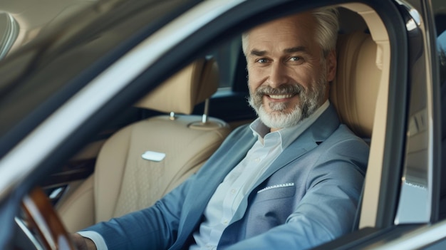 Uomo ricco e sorridente che guida un'auto di lusso che incarna il successo e il comfort