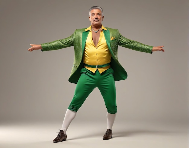uomo ritratto viso maschile headshot un uomo in abito verde e camicia gialla in piedi su un dorso grigio