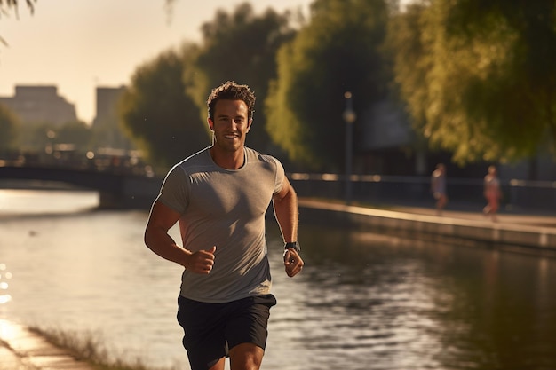 Uomo sano che fa jogging sulla riva del fiume durante il giorno