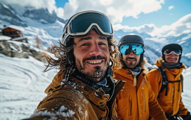 uomo sciatore con amici con occhiali da sci e casco da sci sulla montagna innevata