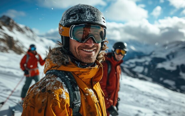 uomo sciatore con amici con occhiali da sci e casco da sci sulla montagna innevata