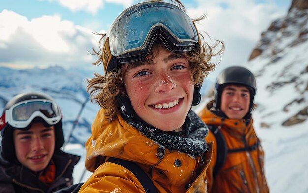 uomo sciatore con amici con occhiali da sci e casco da sci sulla montagna innevata