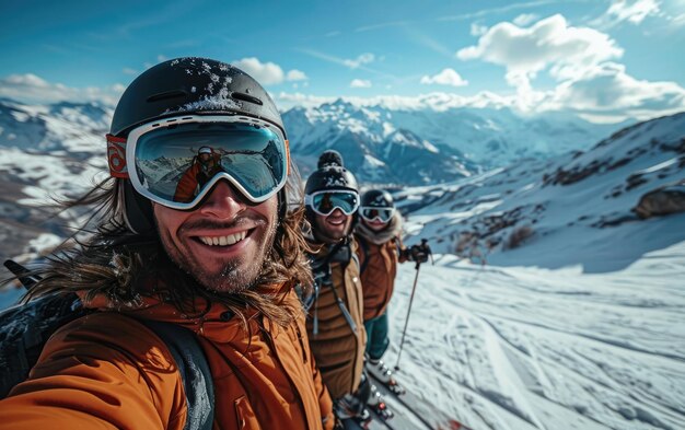 uomo sciatore con amici con occhiali da sci e casco da sci sulla montagna innevata