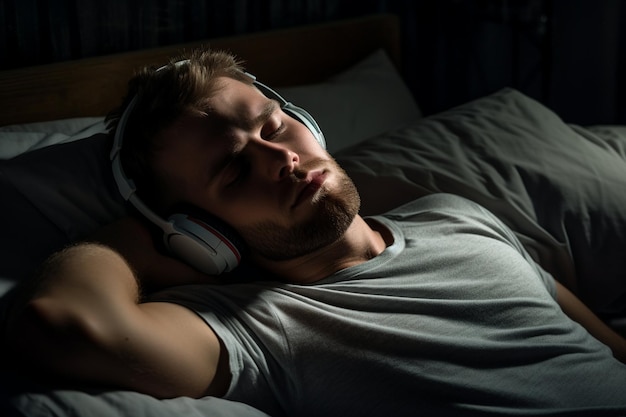 Uomo sdraiato a letto ad ascoltare musica