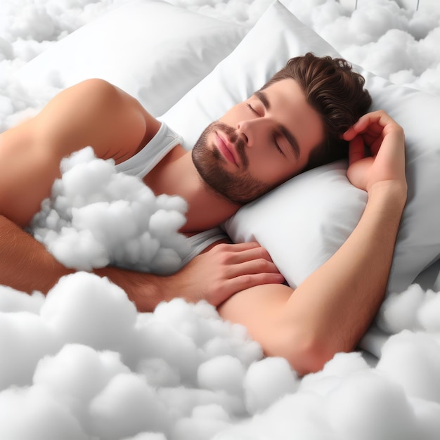 uomo sdraiato nel letto dormire come nel settimo cielo con le nuvole confortevole e calmo