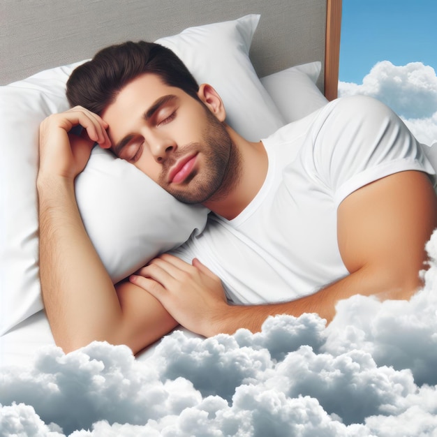 uomo sdraiato nel letto dormire come nel settimo cielo con le nuvole confortevole e calmo