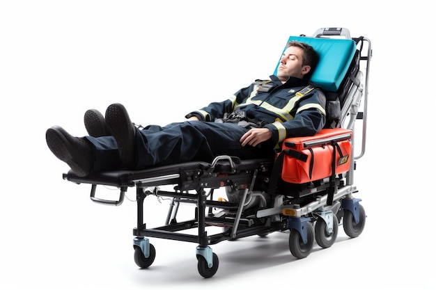 Uomo sdraiato su una sedia a rotelle su una superficie bianca o trasparente PNG sfondo trasparente
