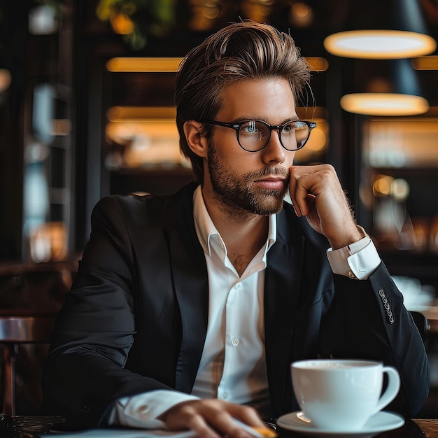 Uomo seduto a tavola con il caffè