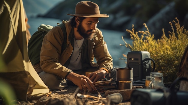 Uomo seduto a terra accanto a zaini in ambiente esterno Festa del lavoro