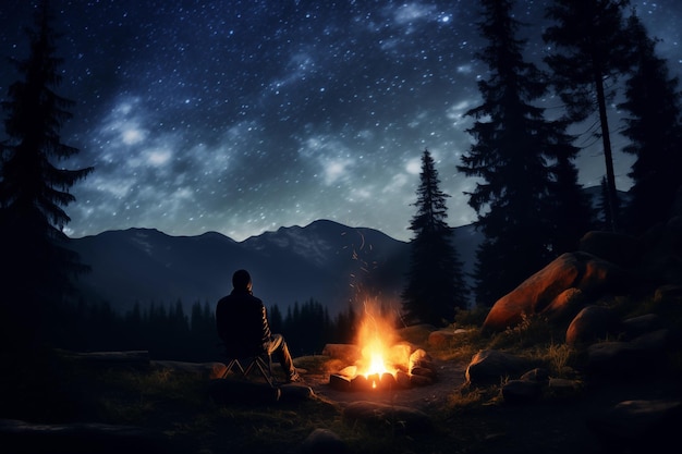 Uomo seduto accanto a un fuoco da campo sotto un cielo notturno stellato AI generativa