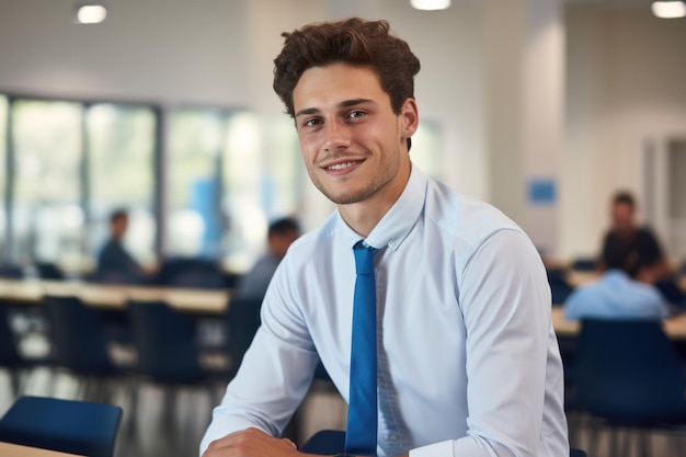 Uomo seduto al tavolo in camicia bianca e cravatta blu