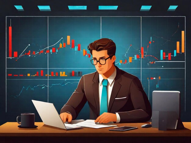 Uomo seduto alla scrivania con i computer in ufficio commerciante di borsa o broker che guarda più schermi con grafici finanziari e di mercato illustrazione vettoriale piatta concetto di analisi economica e aziendale