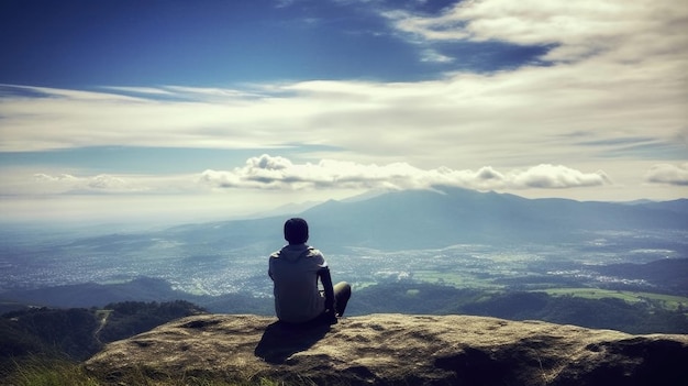 Uomo seduto in cima alla montagna e guardando oltre la valle fino all'orizzonte IA generativa