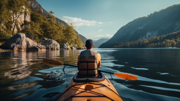 Uomo seduto in kayak sul lago