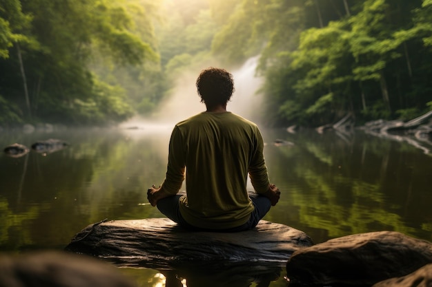 Uomo seduto in posizione di loto sulla scogliera e guardando nella valle nebbiosa Un uomo che pratica la consapevolezza e la meditazione in un ambiente naturale pacifico Generato dall'IA