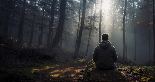 Uomo seduto nella foresta vista posteriore banner IA generativa