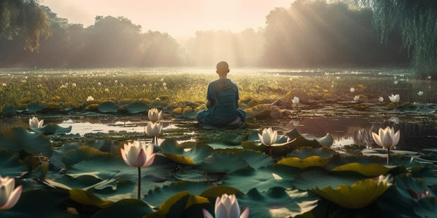 Uomo seduto nella posizione del loto meditando al posto del cuore c'è un bellissimo fiore di loto e sopra di esso una luce splendente