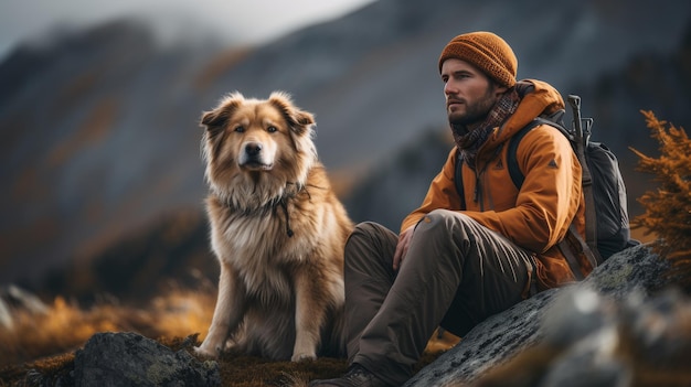 Uomo seduto su una roccia con un cane