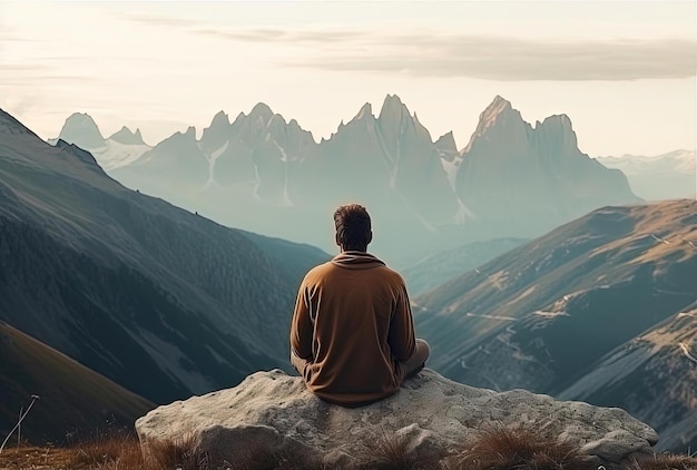 uomo seduto su una roccia vicino alla catena montuosa nello stile dei paesaggi italiani
