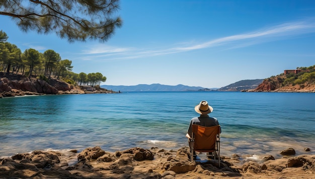 Uomo seduto su una sedia sulla spiaggia