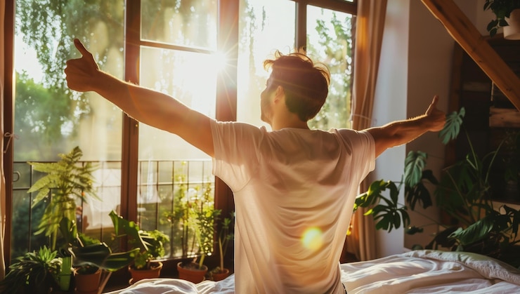 Foto uomo seduto sul letto