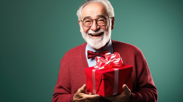 Uomo senior sorridente felice che tiene il contenitore di regalo su uno sfondo colorato