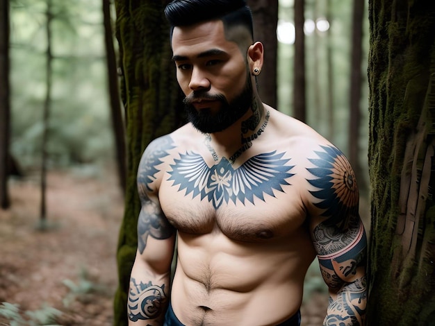 Uomo senza camicia muscolare sexy con barba e tatuaggi che guarda l'obbiettivo nell'illustrazione della foresta