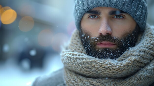 Uomo sereno che sfida il ritratto del primo piano della neve invernale