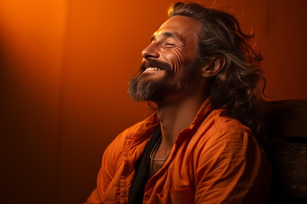 Uomo soddisfatto che esprime serenità e felicità su uno sfondo arancione IA generativa