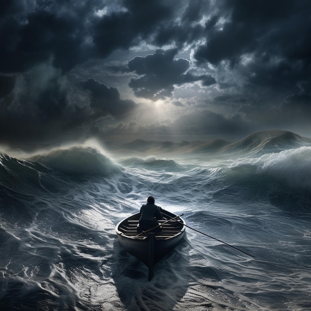 Uomo solitario in barca a remi sull'oceano in tempesta