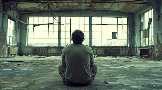 Uomo solitario seduto in un edificio abbandonato in contemplazione