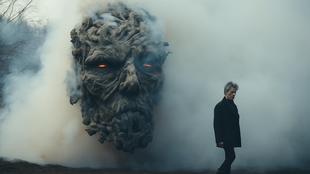 Uomo solo con sfondo del viso di mostro smokey Immagine generata dall'intelligenza artificiale