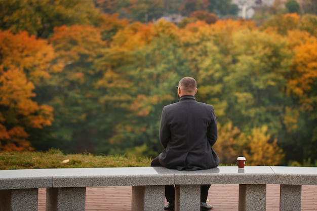 Uomo solo seduto sulla panchina di pietra e guardando la natura. Vista posteriore. Tema autunnale