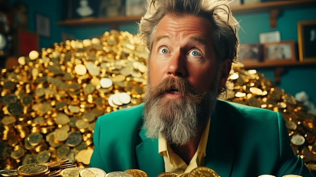 Uomo sorpreso che guarda una pila di monete d'oro