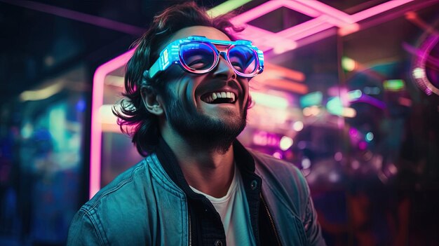 Uomo sorpreso e deliziato che indossa occhiali di realtà virtuale futuristici
