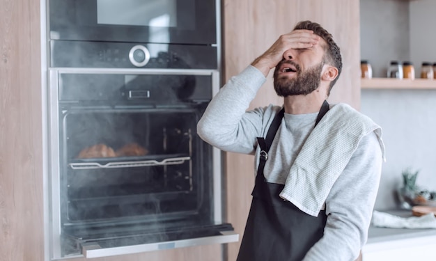 Uomo sorpreso in piedi vicino al forno con croissant bruciati