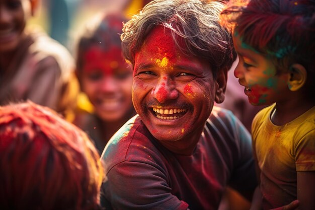 uomo sorridente al festival dei colori in India