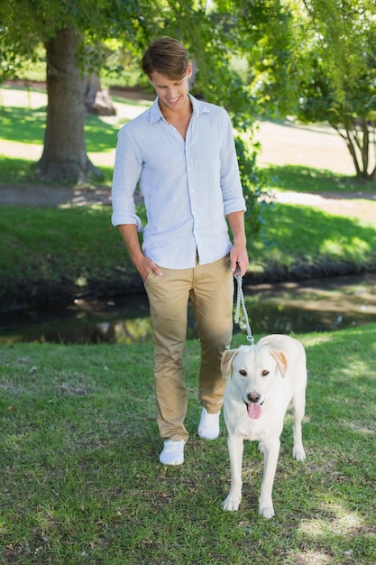 Uomo sorridente bello che cammina suo labrador nel parco