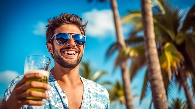 Uomo sorridente, bello e felice con un bicchiere di birra sulla spiaggia fatto con l'IA generativa