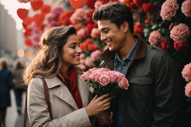 Uomo sorridente che dà fiori a una donna il giorno di San Valentino