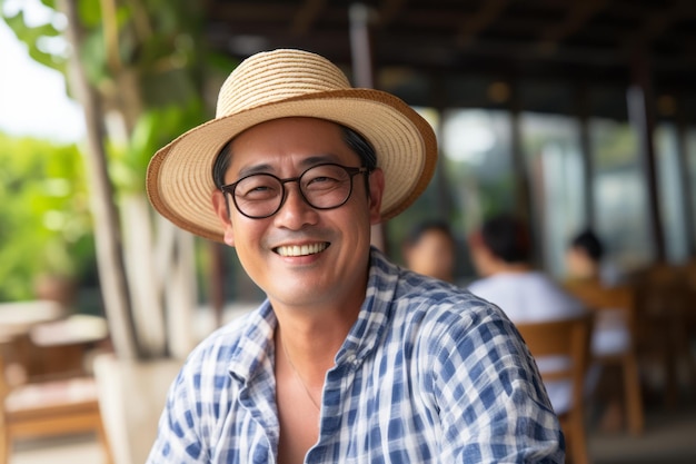 Uomo sorridente che indossa un cappello di paglia