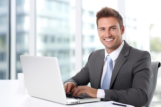 Uomo sorridente che lavora su un laptop in un ufficio moderno