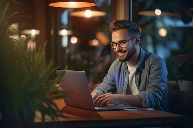 Uomo sorridente che lavora su un portatile che lavora con un portatile con IA generativa