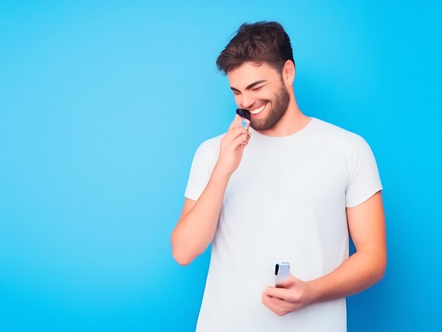 Uomo sorridente che usa uno smartphone in piedi isolato su uno spazio di copia sullo sfondo blu