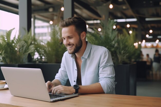 Uomo sorridente che utilizza il computer portatile nella caffetteria