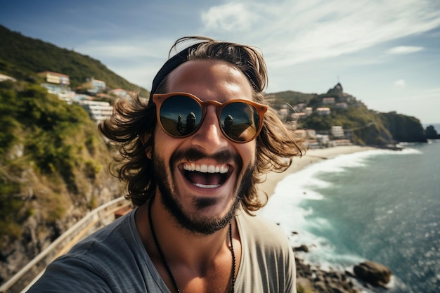 Uomo sorridente che viaggia in estate prendendo una vacanza Selfie Generative Ai