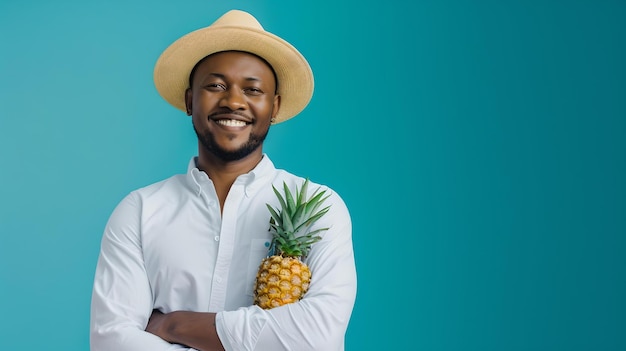 Uomo sorridente con camicia bianca e cappello di paglia che tiene un ananas contro uno sfondo blu stile estivo casuale tema di stile di vita sano AI