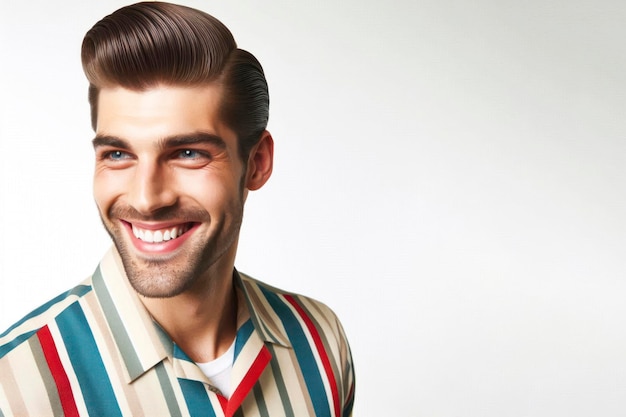 uomo sorridente con un taglio di capelli retro su uno sfondo bianco brillante