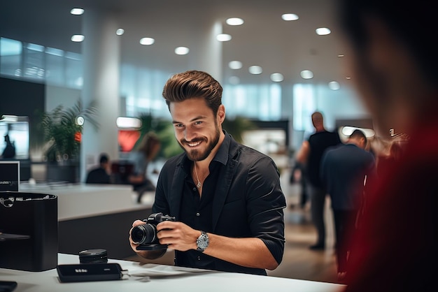 Uomo sorridente con una fotocamera in un elegante ufficio