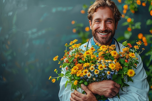 Uomo sorridente e felice con un cappotto bianco da dottore tiene un bouquet di fiori Concept della Giornata Mondiale della Salute